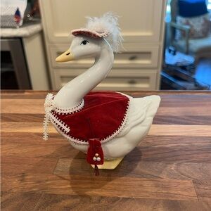 Vintage 80s ceramic red velvet dressed Goose Figurine. So kitschy!